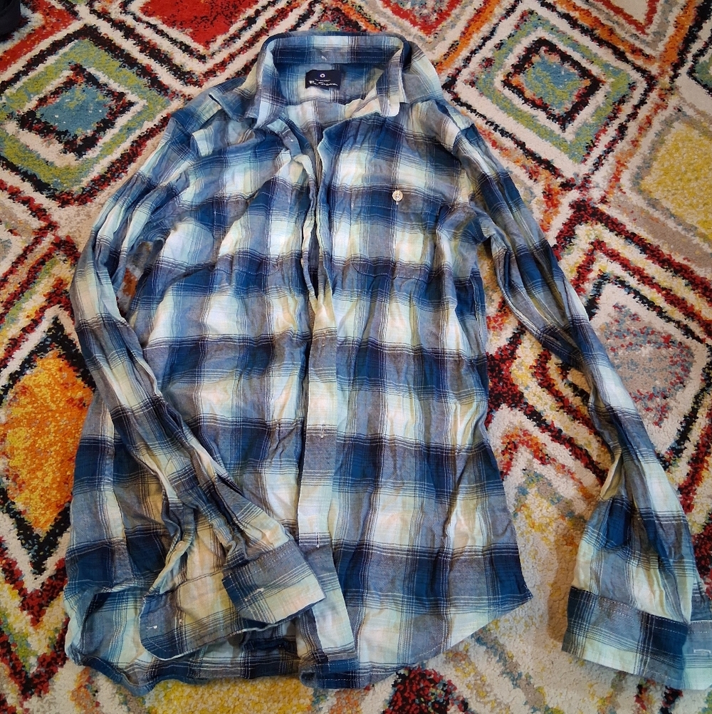 Ben Sherman Blue and White Plaid Casual Button Down Shirt